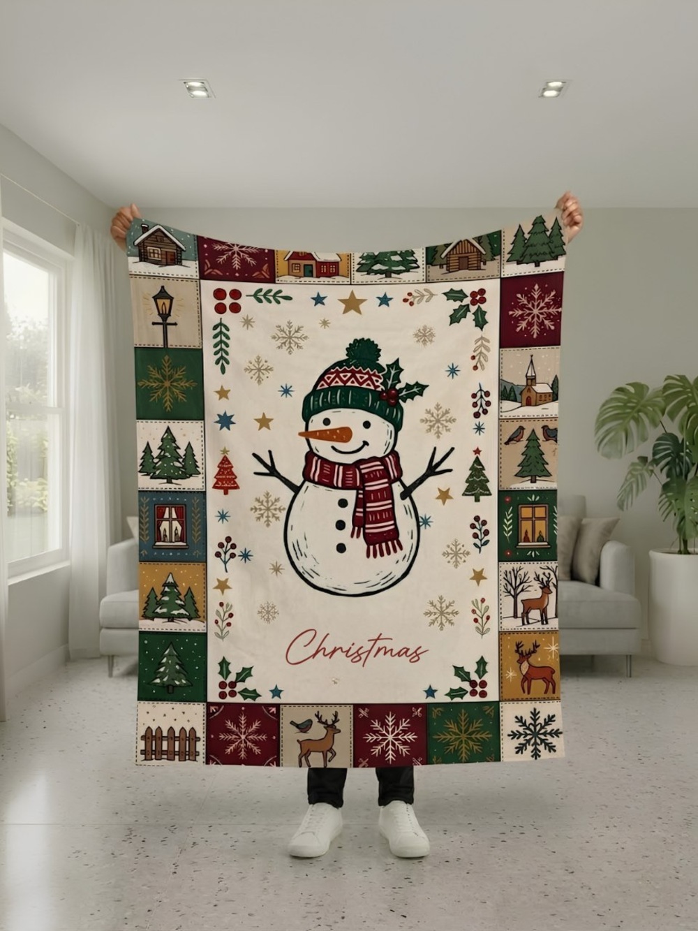 Christmas Snowman Holiday Blanket - Green & Red